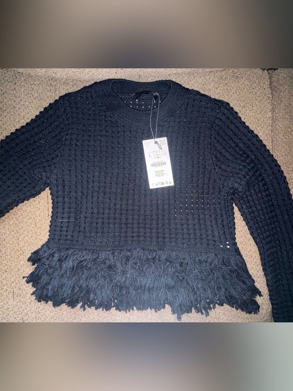 Zara dark blue Textured Knit Fringe Hem Sweater